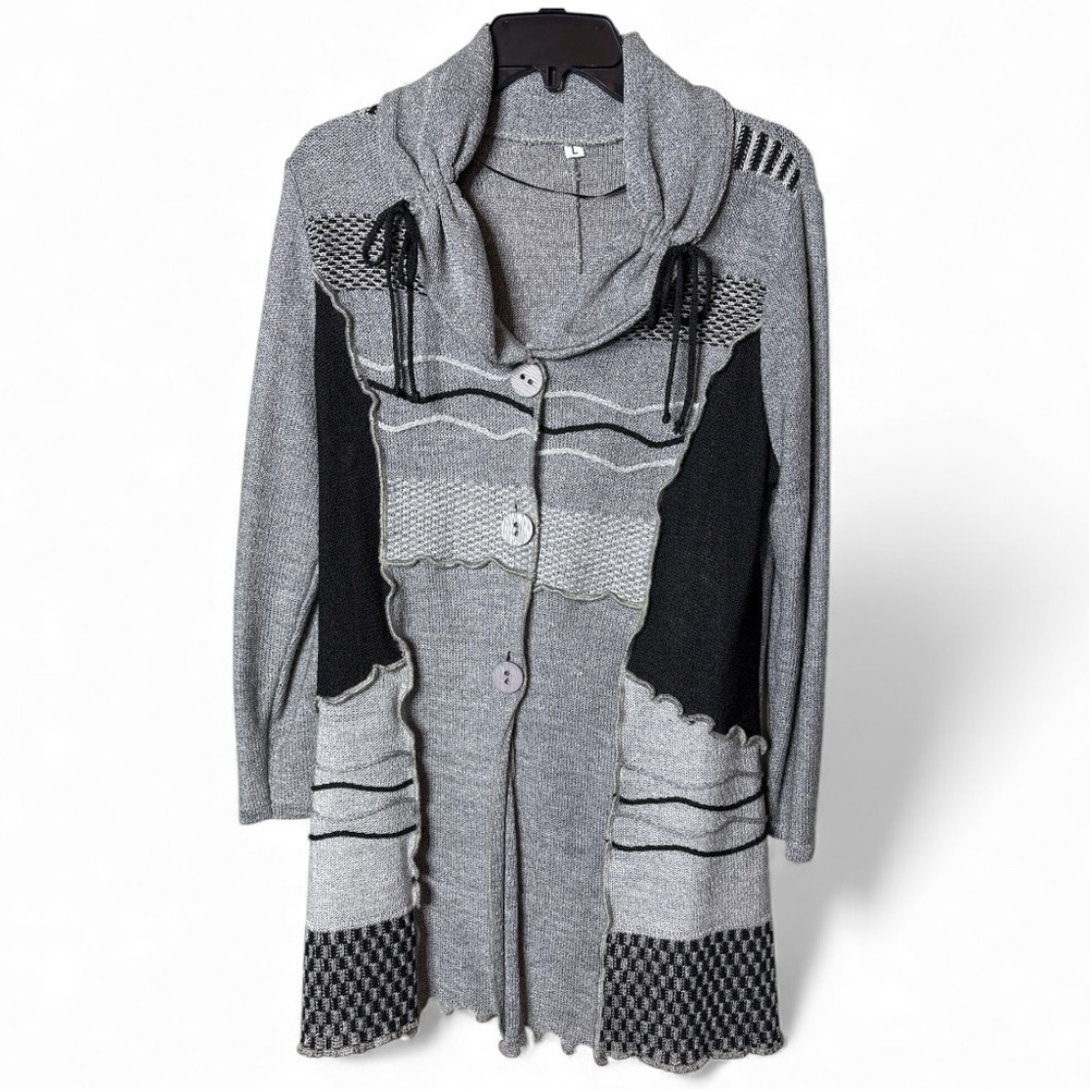 Swiss Artisan Womens L Gray Patchwork Knit Cardigan Jacket Linen Blend Boho Chic